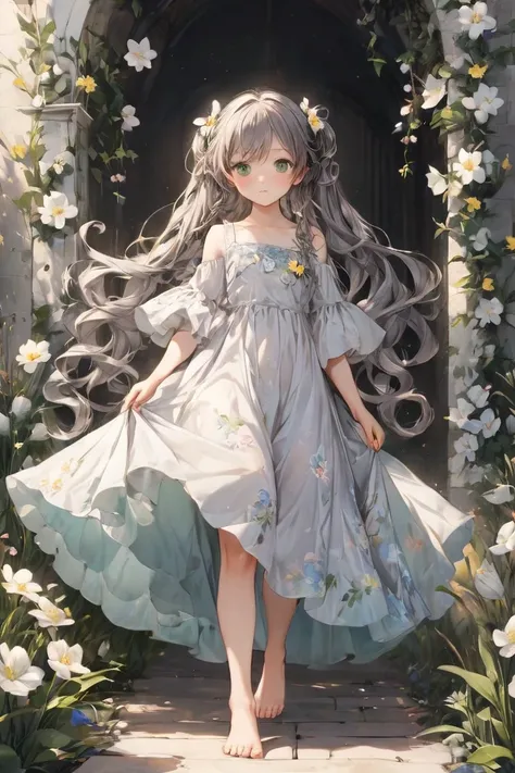   She's a girl with green eyes shaped like flowers,   She has long curly hair tied in pigtails  ,   her hair is gray with black highlights   .    The girl with thin sleeves    ,   on the tip of her dress   /  There are a variety of flowers  、Walking barefo...