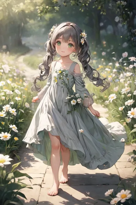   She's a girl with green eyes shaped like flowers,   She has long curly hair tied in pigtails  ,   her hair is gray with black highlights   .    The girl with thin sleeves    ,   on the tip of her dress   /  There are a variety of flowers  、Walking barefo...