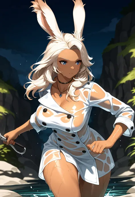 (((( Masterpiece)))), (((( top quality)))),  high resolution,fine grain, detailed face,  wet,Viera,transparent dress,,  action, big breasted with a cross eye