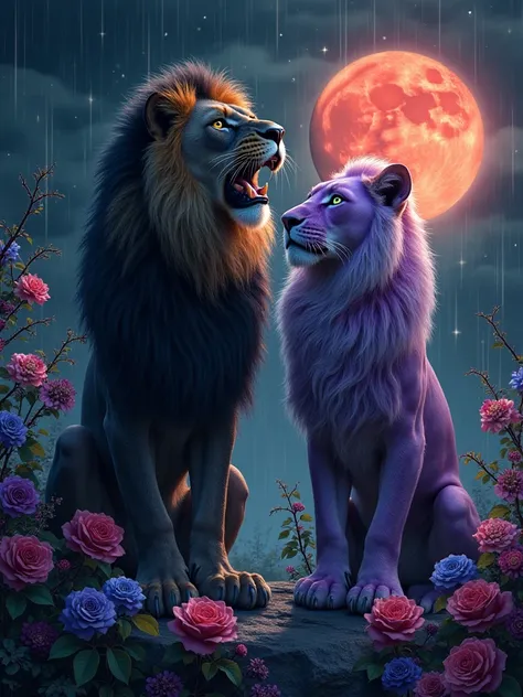  Two anatomically correct felines next to each other , The two of us standing ,  both perched on a rock full of many gladiolas ,  many roses and many black carnations , blues,  purple and white ,   all the branches with black thorns ,  the feline on the le...