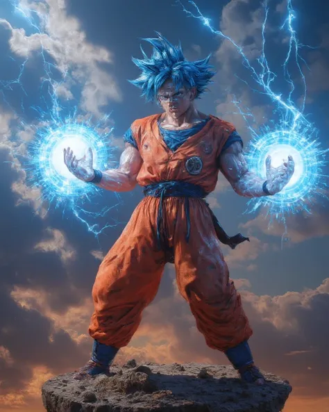 (masterpiece, best quality, ultra-detailed, 4K resolution, hyper-realistic anime:1.3), 
Goku from Dragon Ball Z, wearing his iconic orange and blue gi, with a determined expression, 
in a dynamic flying pose, charging a massive Kamehameha energy blast in h...