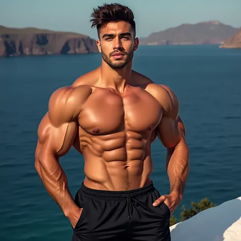 "Drawing style, A young and extremely muscular man poses confidently on the seashore of Santorini, Greece .  His bare torso shows wide and well-defined pectorals ,  marked abs and muscular arms with visible veins .  His tanned skin highlights the definitio...