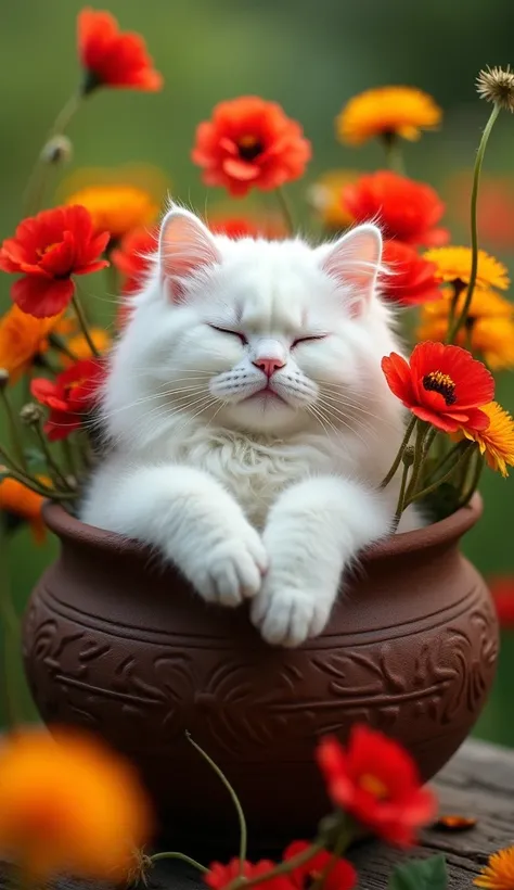 white persian cat, middle-aged,  lying down comfortably in a dark brown clay pot ,  decorated with textured patterns , full of dandelion flowers  (dandelion)  .  The cat has soft and silky white fur ,  closed eyes a calm and serene expression ,  and short ...