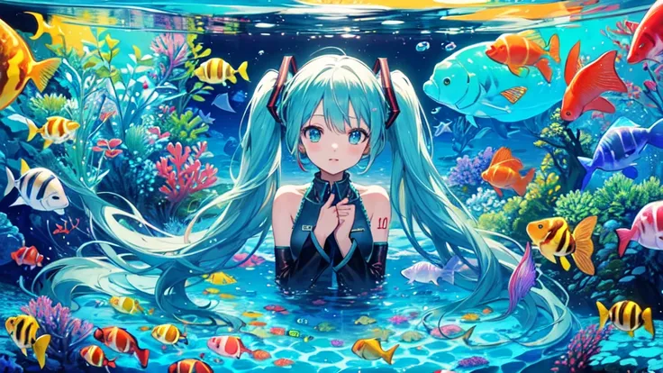 ( Masterpiece,  top quality:1.3),  ( colorful:1.3),  and watch the viewers, One person,  alone,  colorful, (2D:1.3),  Hatsune Miku, (Dream aquarium:1.3)