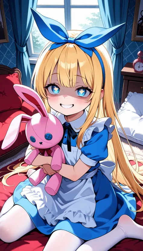 1girl, alice, alice_in_wonderland, white apron, blue dress, white pantyhose, mesugaki smile grin,shaded face, star-shaped pupils,, looking up, wariza, stuffed_toy rabbit on her lap, holding stuffed_toy rabbit, hug, indoor, room, cushion, window, blue headb...