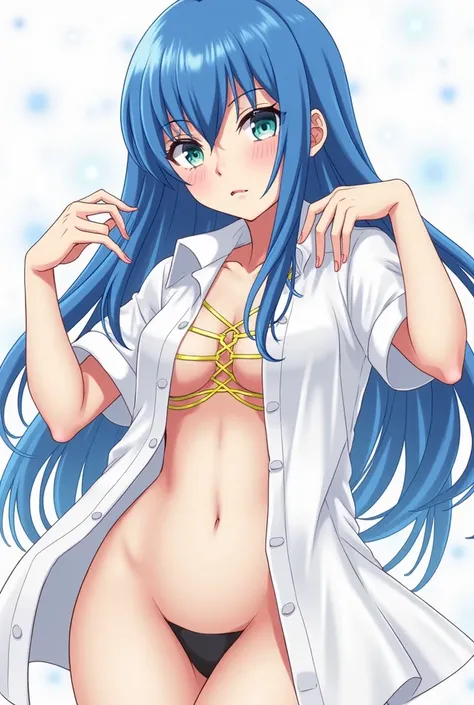 anime girl with blue hair and white shirt posing naked, an anime drawing by Jin Homura, pixiv, shin hanga, hinata hyuga, seductive anime girl, scales covering her chest, albedo from the anime overlord, marin kitagawa fanart, biomechanical oppai, gapmoe yan...