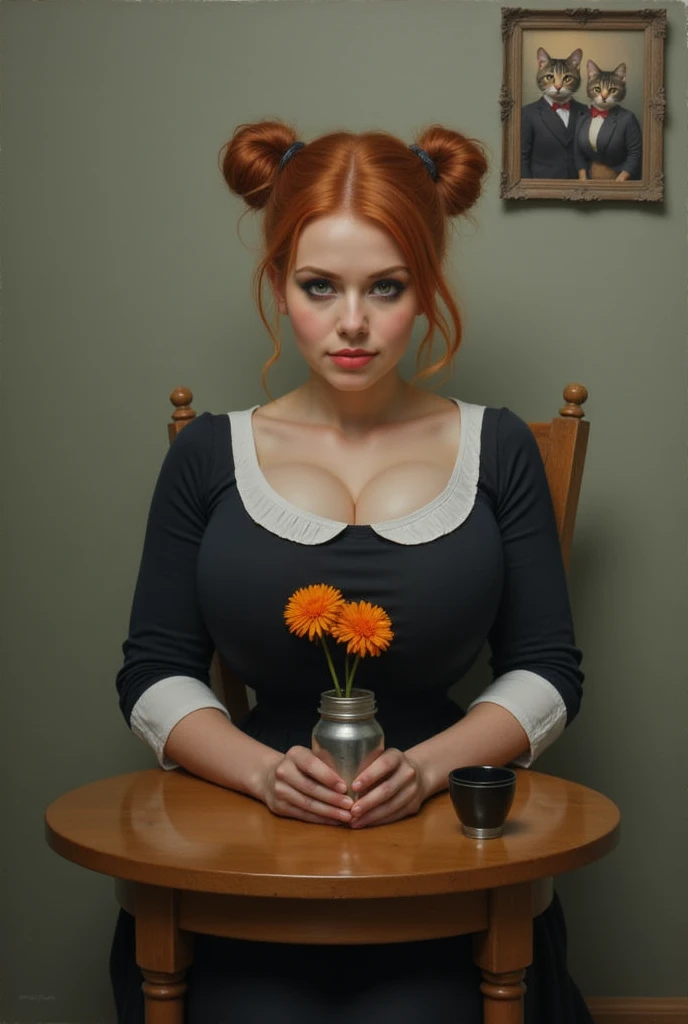 Prompt: Oil painting is a pictorial portrait in a style reminiscent of magical realism. In the center of the painting is a beautiful big breast young woman with red hair gathered in two pigtails. She is dressed in a black dress with a white collar and cuff...