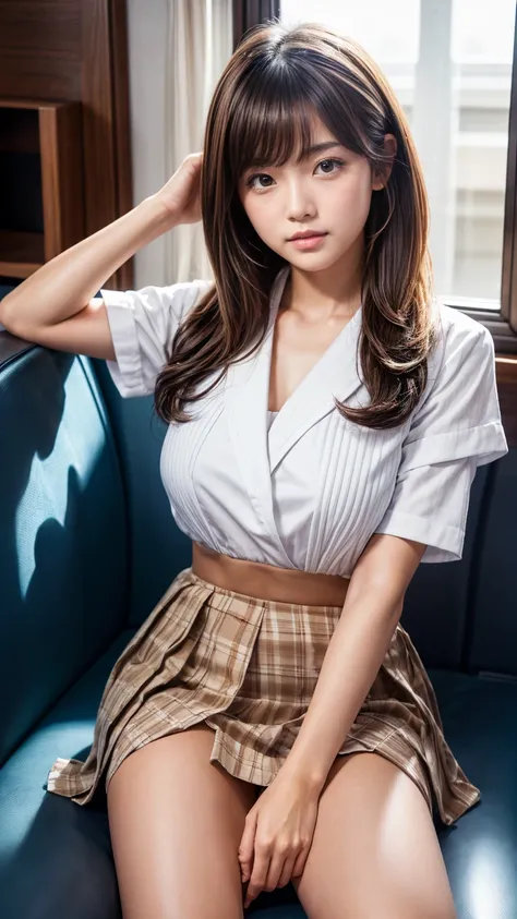 Product quality, in the seat,cowboy shot, front view of the company, Japanese Young Pretty Girl , daytime,  sailor suit, blazer,wear, wear a checkered pleated micro mini skirt, very cute face, glossy lips, double eyelids ,( Natural Cosmetics),  has double ...