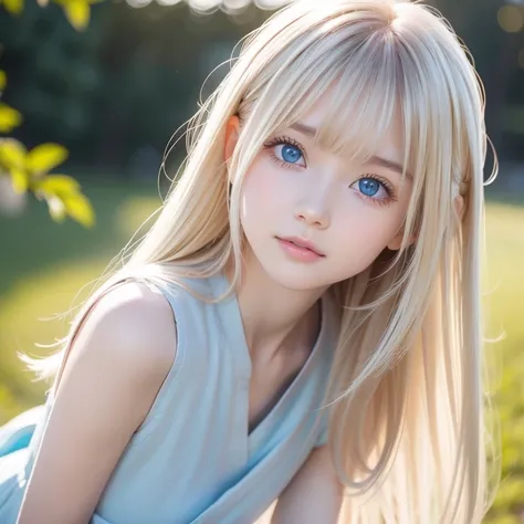  beautiful cute face, beautiful beautiful blonde hair ,Half Body Shot,美しい長いbangs, beautiful cute hair between the eyes , model,Round face、very bright pale light blue eyes、 big eyes、pure white beautiful skin 、 the luster of young cheeks 、Pink dress、 long ha...