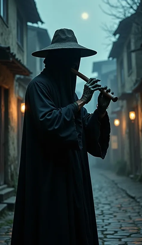 A Man In Black Old Dress Walking Playing Flute Scary Face At Dark Night, Old Village Town , Man in Black Dress And Hat,  Night View