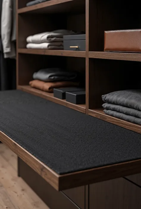 A hyper-realistic photograph focusing on a premium black textile rug, perfectly covering the entire surface of a sleek shelf inside a luxurious walk-in closet. The rug is crafted from high-quality fabric in a deep graphite black color, with a low, dense pi...