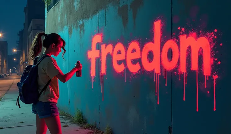 A teenage girl spray-painting the words “Freedom” on a wall at night.
