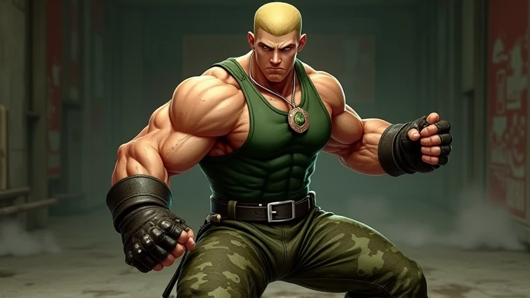 Create an ultra-realistic full-body image of Guile from Street Fighter, capturing his military discipline and powerful presence in a dynamic fighting stance. He should have a muscular, well-defined build, emphasizing his strength and combat readiness. Guil...