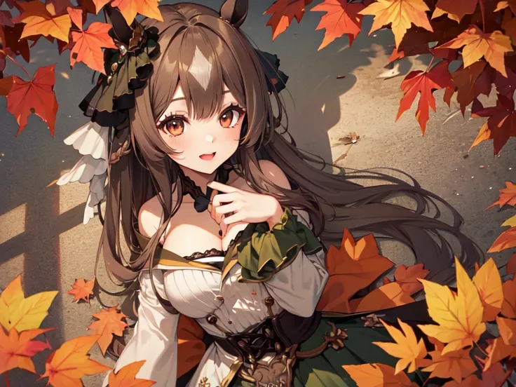 (Alone, 1 girl). (Anatomically Correct, UHD, retina, Masterpiece, Ultra Detailed, High Detail, Top Quality, Award Winning, High Resolution, 8k). (Focus on breasts). (Big breasted girl with horse ears, makeup). ((Lying on autumn leaves with 腕を広げる)). (Long b...