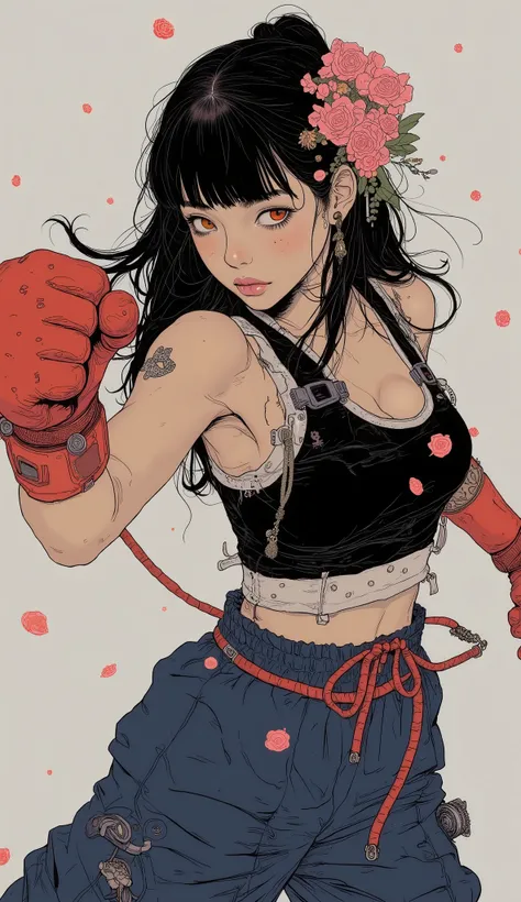 Upper Body View, 1 beautiful young girl punches the air break/ black hair、 bangs with lots of flowers ,  Accessory : rock,  earrings,  bracelet. break/, clothing:  she's wearing dark blue Adidas jogging pants and a black tank top、Red combat gloves,  she we...