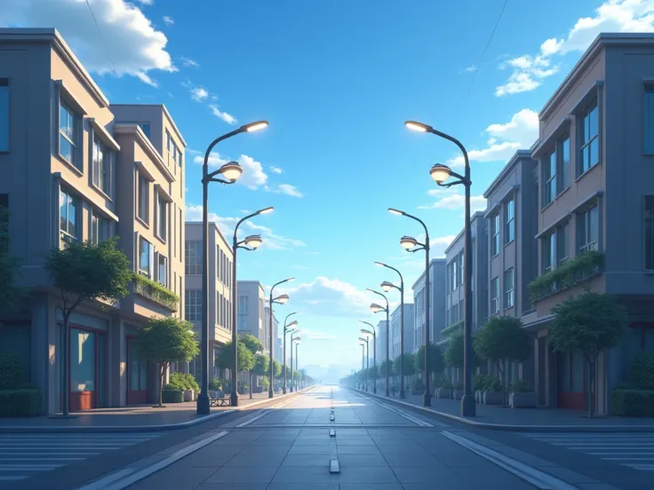 create a realistic view of early year 2020 street lights on the road, buildings and blue sky.