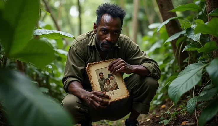 A resistance fighter hiding in a forest, clutching a worn photograph of their family. They should be Africans 