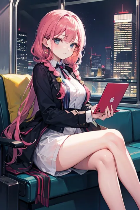   attention to detail ,  Super Detail,  super high resolution, Girl on the train , The outfit is random, Long hair with braids at the back, She is sitting on a train chair, Late Night, Cityscape, A row of skyscrapers, A train runs through the city, She wor...