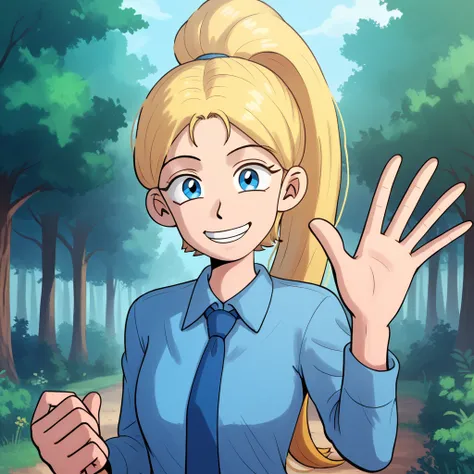  score_9_up, score_8_up, score_7_up, BREAK, JFMstudios, 1girl, solo, blonde hair, high ponytail, blue eyes, white collared shirt, blue tie, blue skirt, half body,  forest, smile waving hand