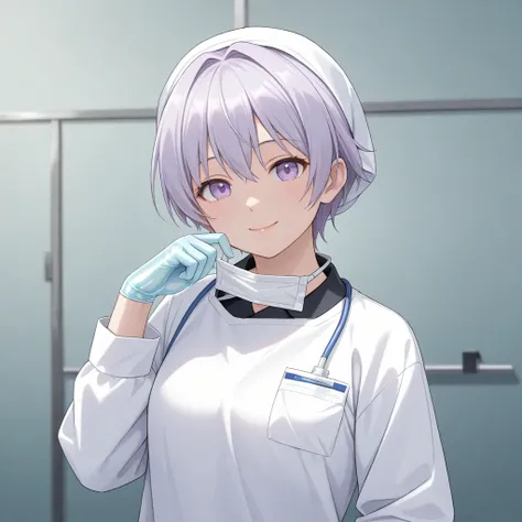 anime, smiling, ((surgical outfit)), ((tight surgical gloves)), (( light purple color latex gloves )), ( Long Sleeve ), Alone, Realistic physique