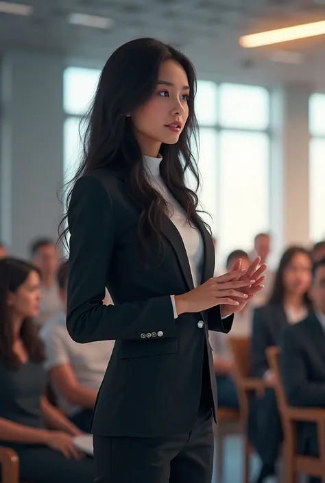 A girl giving a presentation with long black hair 