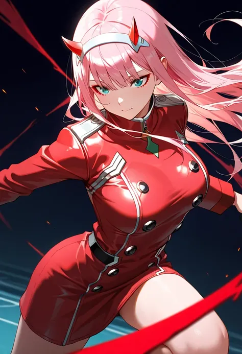 (((( Masterpiece)))), (((( top quality)))),  high resolution,fine grain, detailed face,Zero two,transparent dress,,  action, big breasted with a cross eye