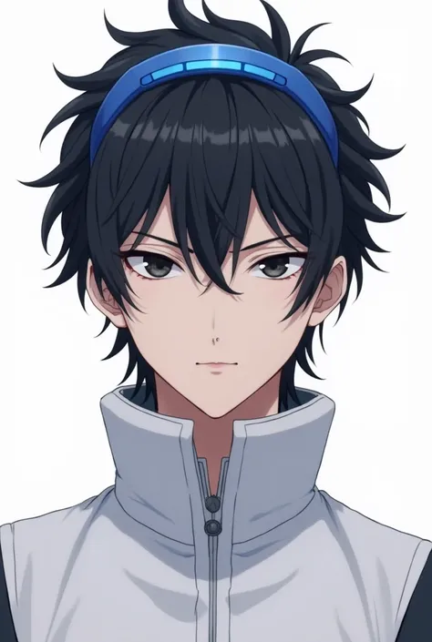 Make a male anime character, black hair, black eyes, wearing a headset blue, wearing a white jacket, head facing the camera, white back