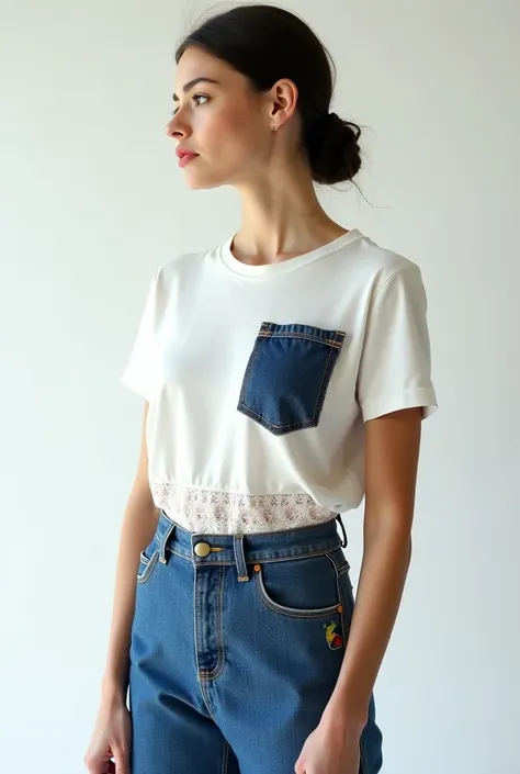 Women's t-shirt model made of white silk and denim, sewn from the shoulders down, with a pocket on the top left and a lace pattern on the bottom.