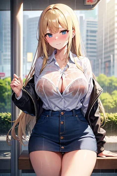  high school girls,summer,downpour,My white shirt gets wet in the rain and I can see through my bra,Blonde and long hair,Height 167cm,Big Breasts,The buttons on the shirt are flutty at the chest,bus stop, embarrassed face 