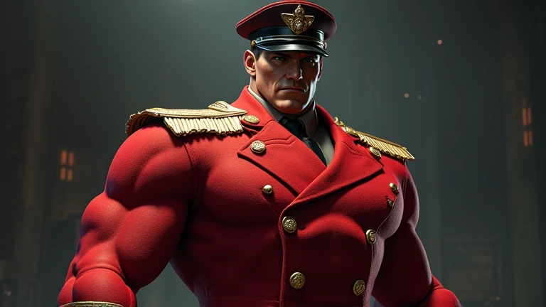 Create an ultra-realistic full-body image of M. Bison from Street Fighter, capturing his dark, authoritarian presence in a powerful, commanding stance. He should have a tall, imposing build, exuding confidence and menace, with a sense of absolute control. ...