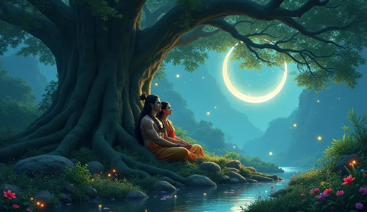 
"Lord Shiva resting together beneath a grand banyan tree in a mystical forest filled with glowing fireflies, vibrant flowers, and shimmering streams. Shiva meditates with calm energy, while Parvati lovingly gazes at Him. reflecting the glow of the crescen...