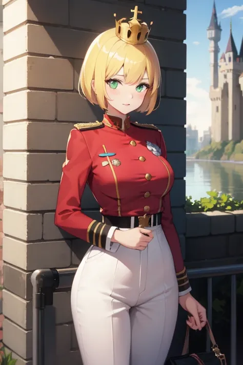 (best quality),(8k), water color, yellow hair, woman , short hair, green eyes, medium breasts , pink cheeks, casually blouse, Beautiful woman, animal ears, white military uniform, standing, crown, pants, castle