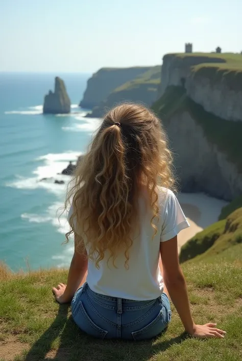  A realistic high-quality image of a girl with her back with dark blonde hair and very curly half-tied. She is sitting on the grass on the edge of a cliff. Dressed in a t-shirt and short jeans and barefoot. The landscape is the Artabra coast of Ferrol in G...