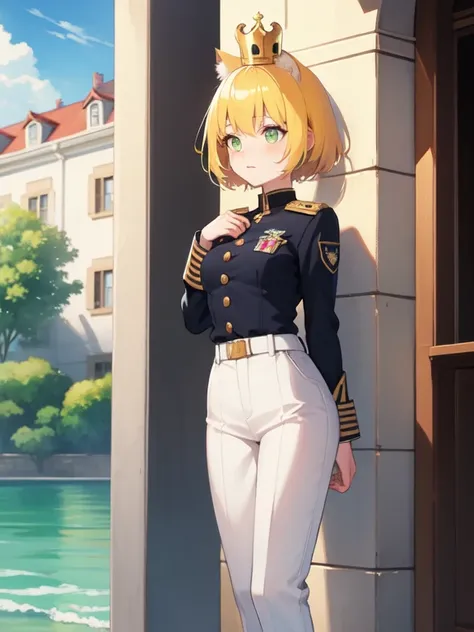 (best quality),(8k), water color, yellow hair, woman ,shy, short hair, green eyes, medium breasts , pink cheeks, casually blouse, Beautiful woman, animal ears, white military uniform, standing, crown, pants, castle