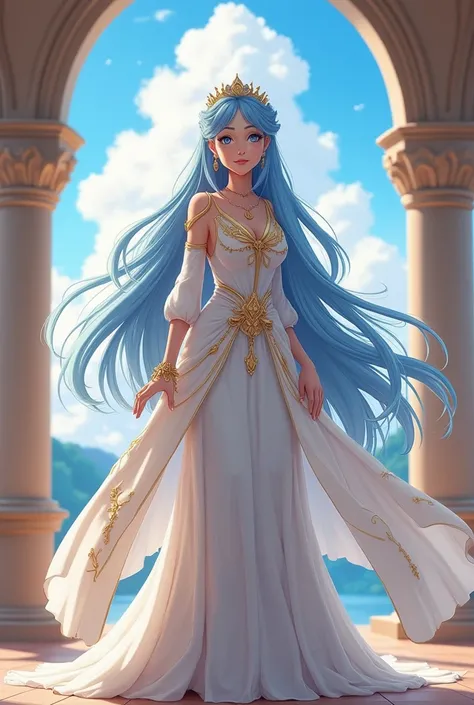 "4K anime style quality, digital drawing mode, a graceful and kind-hearted princess with long flowing sky-blue hair, deep sapphire eyes, and a serene smile, wearing an elegant white dress with golden design with a flowing cape, standing on the balcony of a...