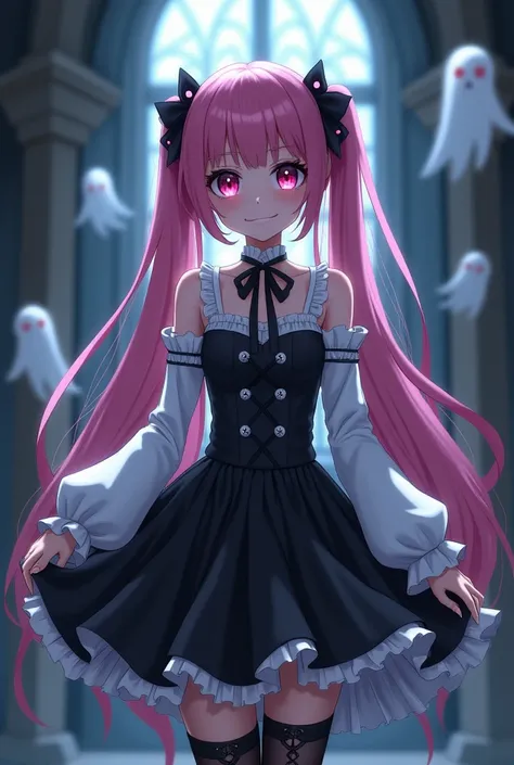 "4K anime style quality, digital drawing mode, a gothic and whimsical young woman with long pink twin tails, dark magenta eyes, and an eerie smirk, wearing a black and white gothic dress, standing in a haunted castle with ghostly spirits floating around he...