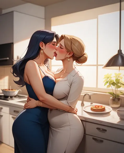 1girl, 1boy, anime , curvy women , huge , dress white, She loves sex, Cheating wife, big boobs، mother, stepmother، sex hungry، Shy woman، Her breasts are high on the boy 50 year old mother، Hugging his mother، They are standing in the kitchen، My husband ...