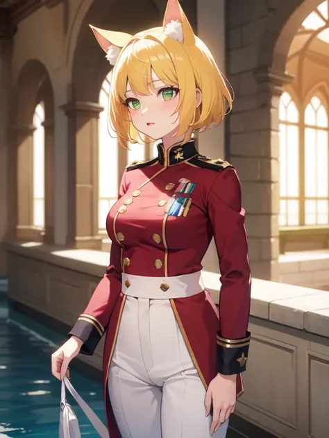 (best quality),(8k), water color, yellow hair, woman ,short hair, green eyes, medium breasts , pink cheeks, casually blouse, Beautiful woman, animal ears, (white military uniform), standing, crown, pants, castle,nswf