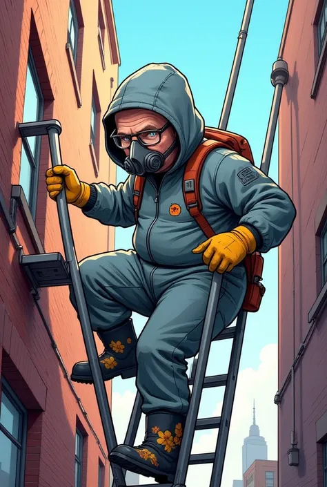  Cartoon-style character; man, 56 years old, little belly, dress with,((The character with his head turned to the side like he doesn't want to show his face)), ( protective hooded jumpsuit {gray bluish}), ( protective mask against toxic gases), ((Safety gl...