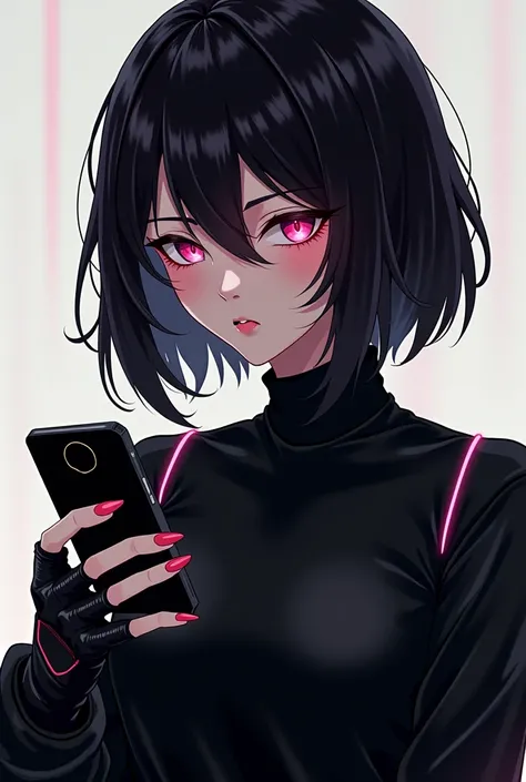 a close up of a woman in a black outfit holding a cell phone, cyberpunk anime girl, female cyberpunk anime girl, oppai cyberpunk, seductive anime girl, cyberpunk angry gorgeous goddess, anime cyberpunk art, cyberpunk beautiful girl, cyberpunk girl, cyberpu...