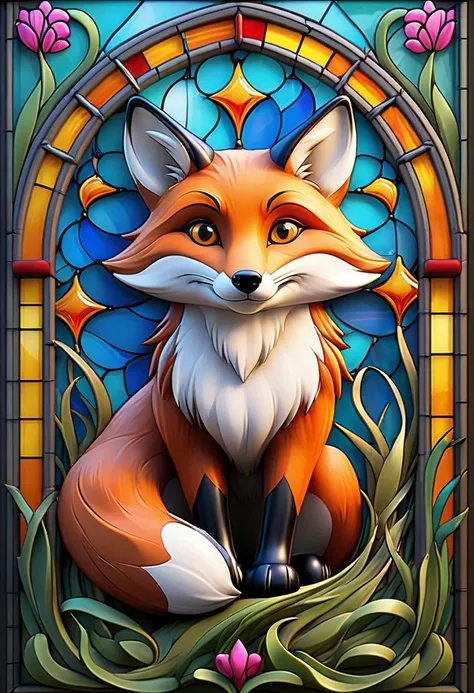 Painting of stained glass design with a fox motif, Psychedelic Art,Sharp Picture