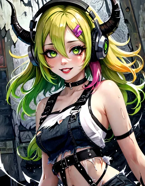 ((Partly torn clothes:1.8)),a anime style drawing of the character of the game melemele, 1girl, virtual youtuber,, horns, one eye closed, multicolored hair, solo, blonde hair, long hair, headphones, breasts, smile, pink hair, pointy ears, armpits, green ey...