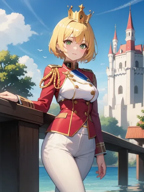 (best quality),(8k), water color, yellow hair, woman ,short hair, green eyes, medium breasts , pink cheeks, casually blouse, Beautiful woman, animal ears, (white military uniform), standing, crown, pants, castle,nswf