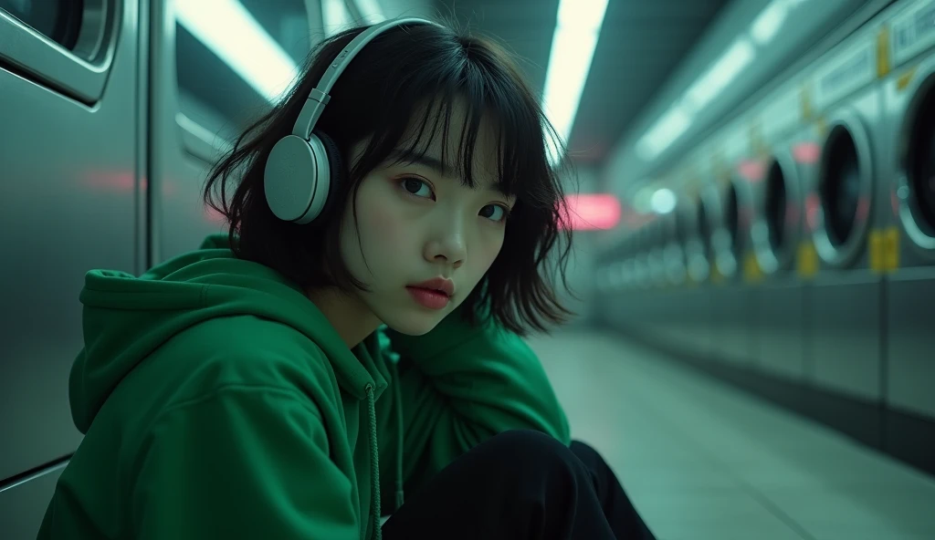 Cinematic medium shot of a beautiful Korean woman with short, wavy, dark hair with bangs down, sitting on the edge of the floor in a laundromat. She is wearing a green modern and fashionable hoodie and black pants. She has a large headset on her ears and i...