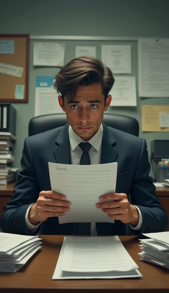 Max’s Adult Life (Reality Hits Hard)
Adult Max in a business suit, holding a long to-do list with a stressed expression.
Max sitting in a boring office, surrounded by stacks of paperwork