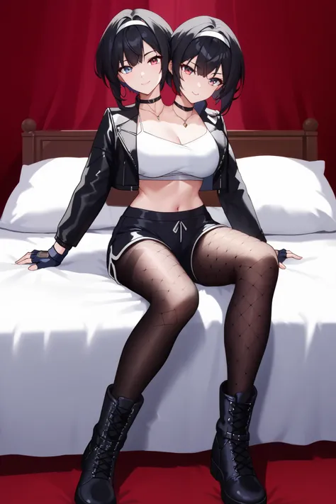 2heads, a tall thin woman with 2 heads, black hair, red eyes, blue eyes, black footwear, black gloves, black hair, leather jacket, black jacket, crop top, black fingerless gloves, black dolphin shorts, black fishnet pantyhose, knee boots, She is inside a b...