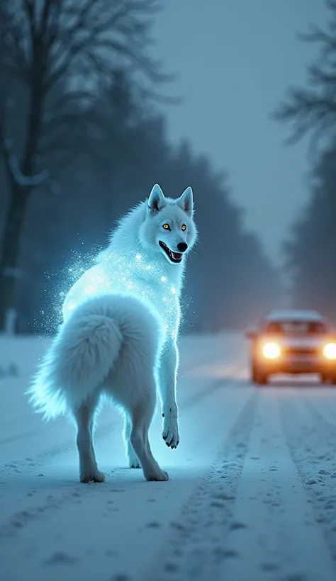  A white fluffy dog glowing slightly, ready to teleport, looking at a  frozen in fear in front of a speeding car.