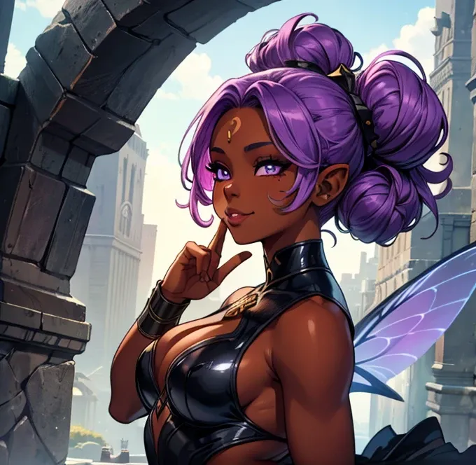 best quality,4k,8k,highres,masterpiece:1.2), ultra-detailed, mature ebony-skinned female, ethereal features, hourglass full body, bright amethyst eyes and lavender curly hair. Fae. Fae ears. fae wings. Dark skin 1.7, DarkChocolate skin 1.8. Black skin 1.7....