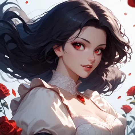  Under the Moonlight、 a cute vampire who smiles gracefully 。 Long Black Hair Fluttering in the Wind 、 her lace dress flutters softly 。 her red eyes have kindness 、 has fantastic roses blooming all around。