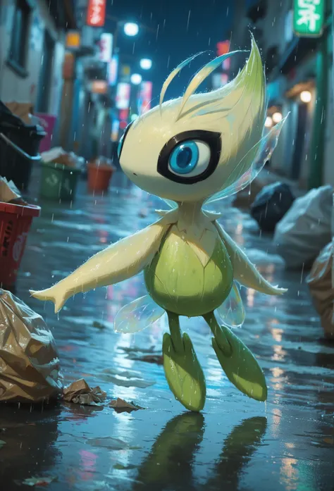 score_9, score_8_up, score_7_up, score_6_up, source_furry, dof, full-length portrait, solo, blurred background, celebi, pokemon (creature), cinematic, dynamic angle, long shadow, limp body, looking up, raining, wet body, dull expression, side way glance, r...